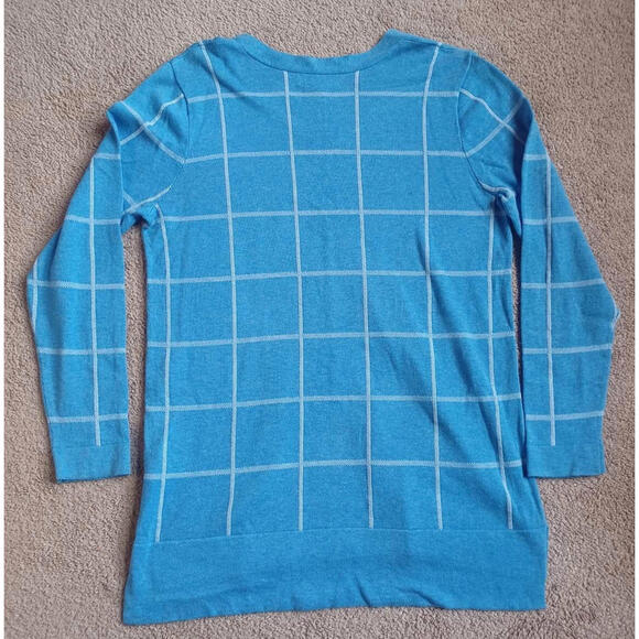 Lands End Plaid Split Hem Sweater Womens M 10-12 V-Neck Blue Nautical Check - Picture 2 of 8